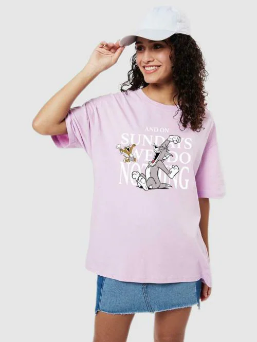 Bewakoof Women's Tom and Jerry Graphic Purple Short Round Neck T-shirt