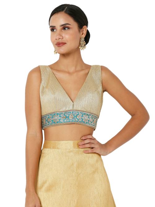 Salwar Studio Women's Gold & Blue Banarasi Self Design Readymade Saree Blouse