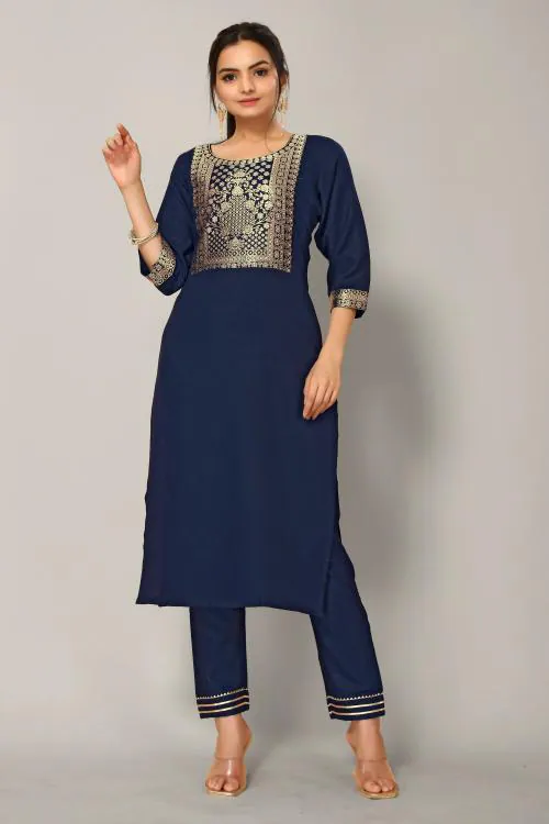 Happy Design Women Dark Blue Self Design Cotton Blend Kurta and Pant Set