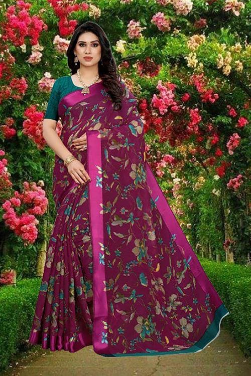 Gugaliya Women Pious Purple Cotton Linen, Chanderi Saree