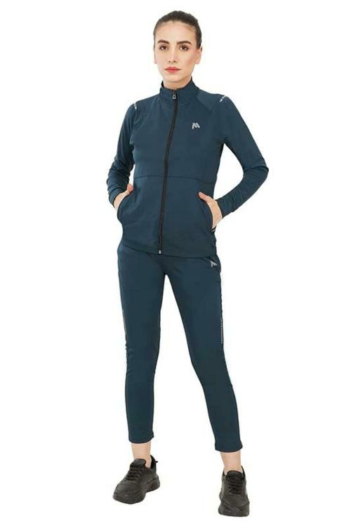 mark & jones Women Blue Solid Polyester Lycra Running Tracksuit (L)