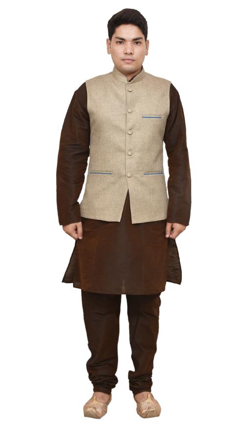 Mag Men's Brown Matching Silk Kurta Churidhar With Coffee Colour Joot Waistcoat
