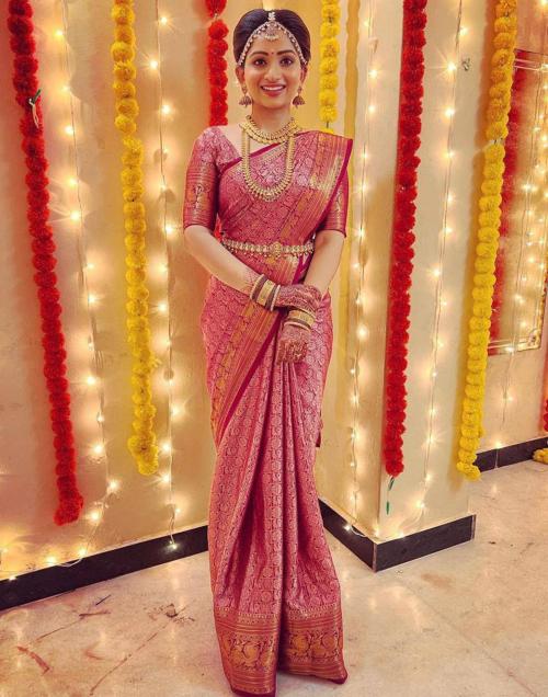 Satrani Art Silk Gold & Pink Color Poly Silk Saree with Blouse piece | sarees for Women| saree | sarees