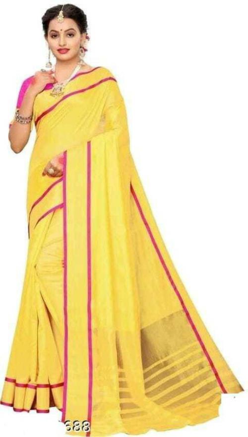 ROFOLO Women Yellow Solid Cotton Blend Bollywood Saree