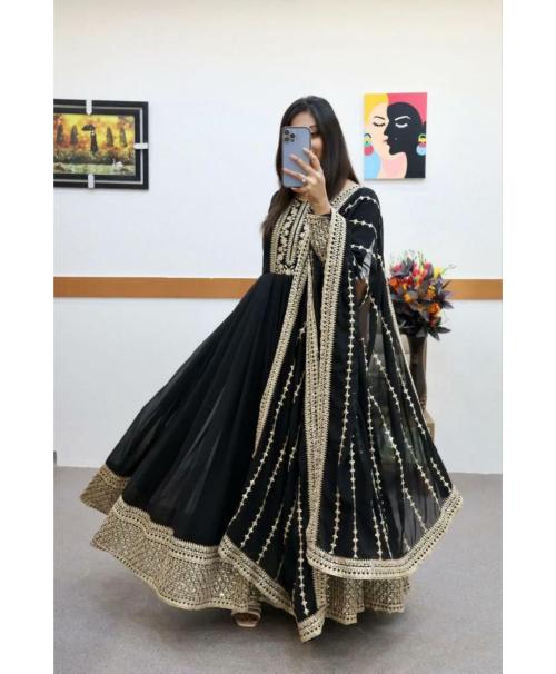 GRISHU COLLECTION New Fancy Sequence Coding Embroidery Anarkali Kurta set With Dupatta for Women (Black)