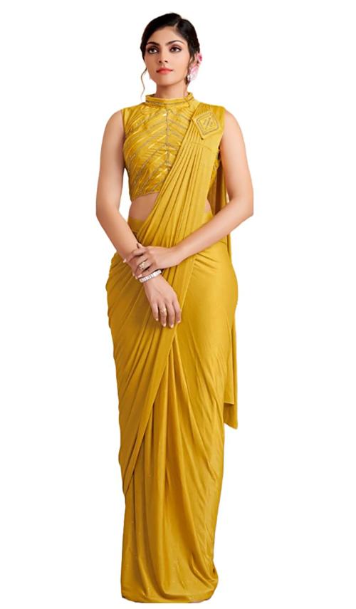 Amoha Trendz Women Yellow Imported Lycra Pack of 1 Readymade Saree