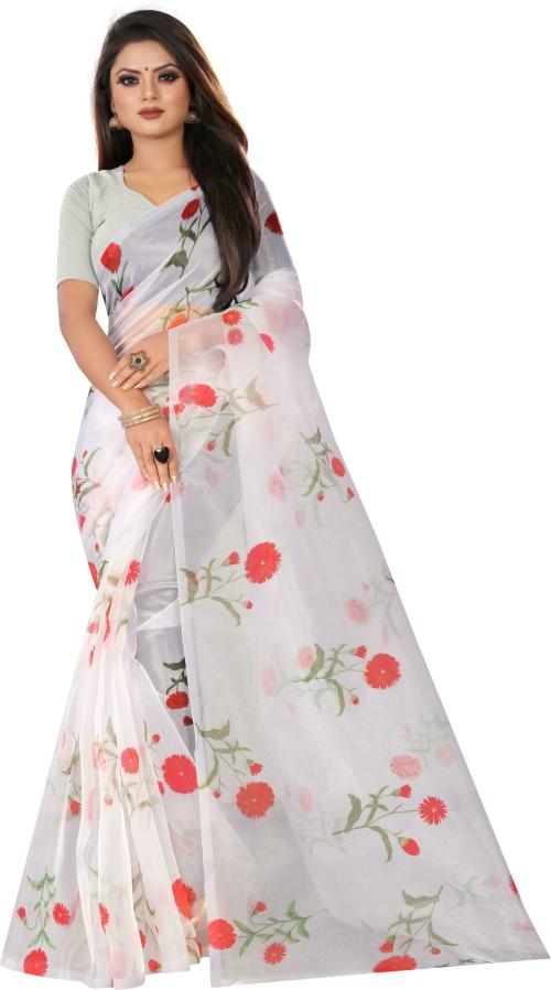 fab99 Women Pink Floral Organza Saree