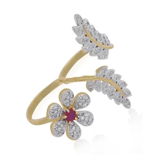 Jewels Galaxy Enchanting Flowers Leaf American Diamond Double Finger Free Size Ring Jewellery For Women & Girls