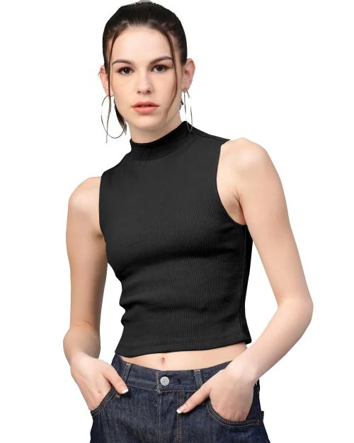 UNIKKART Black Crop Top For Women High Neck Ribbed Sleeveless Tank Crop Top XL