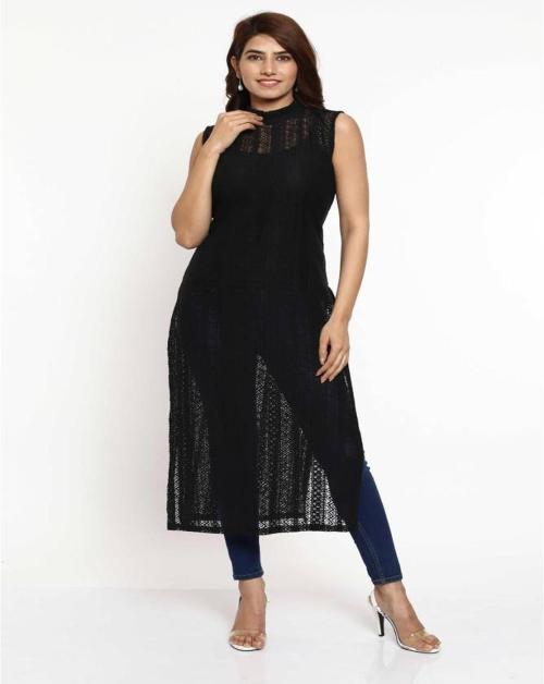 SHIRAK Women Black Self Design Lyocell Ethnic Dress - M