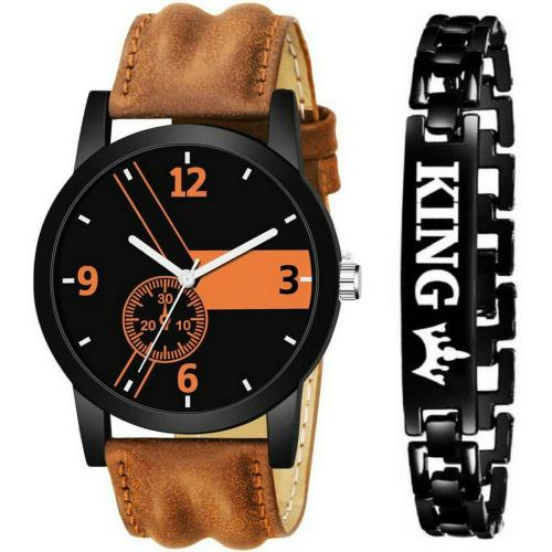 DAINTY New Branded & Stylish Combo Of Black Chronograph Dial & Brown Leather Belt Watch and King Bracelet Analog Multicolor Dial Brown Strap Watch for Men