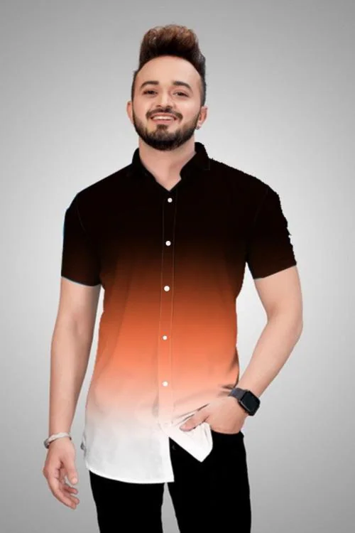 BOUGHT FIRST Regular Fit Shirt for Men's, Stylish Half Sleeves Polly Cotton Shirt for Men's, Casual Formal 3 Colour Dyed Ombre Style Shirt for Men's -(Orange+Black+White Mix, L)