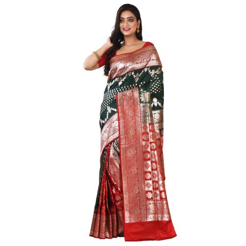 Aishani Collection Woven Pure Katan Silk Banarasi Wedding Saree with bp (Multicolor)