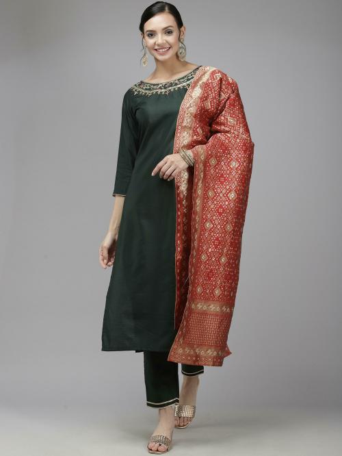 Indo Era Green Embroidered Straight Kurta Palazzo With Dupatta Set