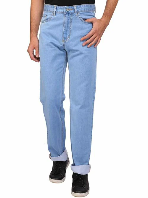FLAGS Mens Ice Blue Solid Cotton Regular Fit Jeans
