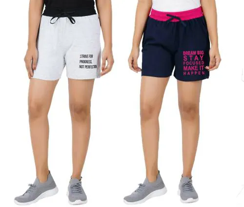 Jocker Women White, Navy Printed Cotton Knee Length Shorts (S)