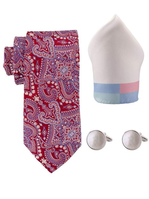 The Tie Hub Red Silk Necktie with Pocket Square and Mop Cufflink
