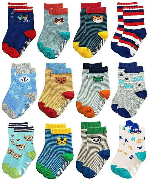 TEDDYIFY 12 Pairs Toddler Non Skid Socks with Grips Anti Slip Bottom, Cotton Non Slip Ankle Crew Socks for Boys, Girls, Kids (Girl, 1-2 Years)