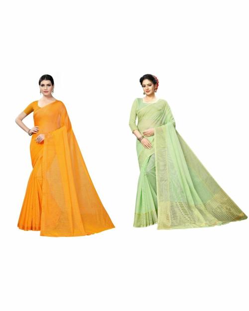 Today Deal Women's White & Chickoo Colour Cotton Silk Saree With Blouse pack of 2