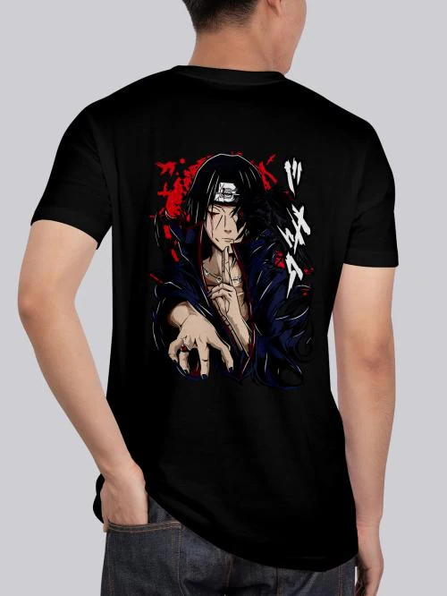 BLISSINK Naruto ITACHI UCHIHA Front And Back Printed Black Cotton Tshirt for Men