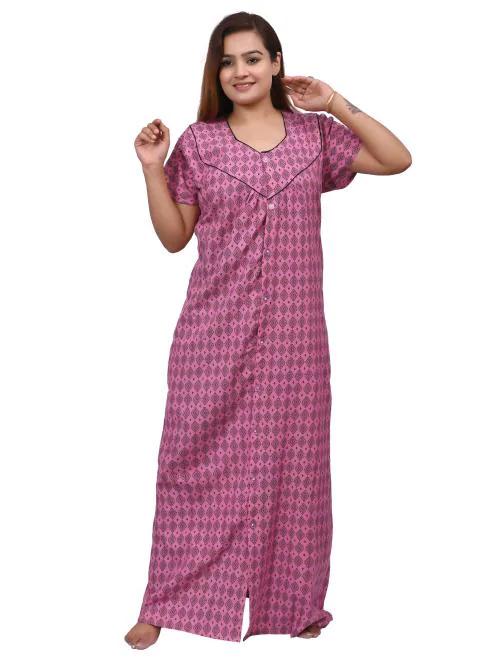 NACNO Women's Printed Cotton Front Open Nighty/Maxi/Nightgown Pink
