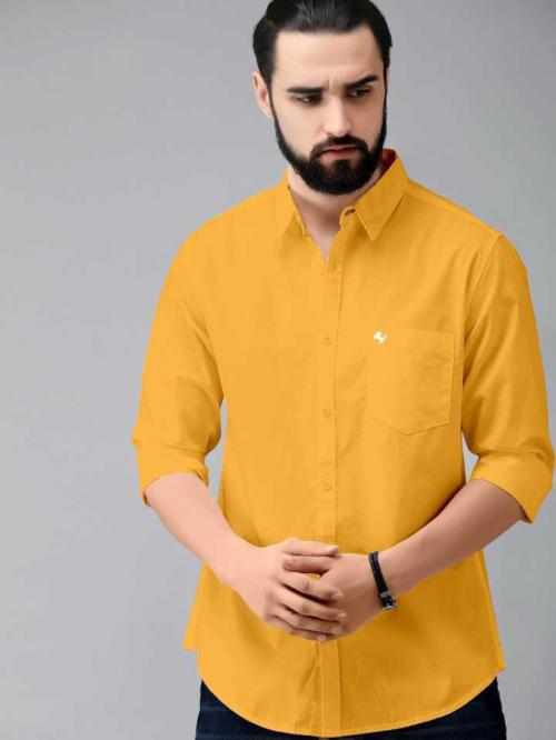 Bought First Men Yellow Solid Pure Cotton Casual Shirt (L)
