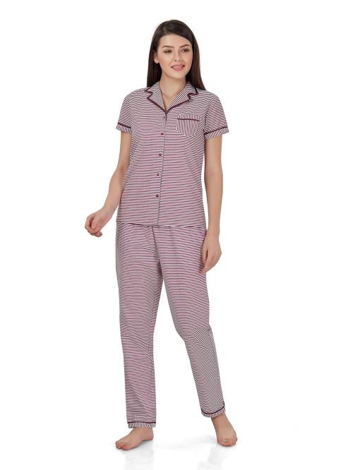 Evolove Women Burgandi Cotton night dress combo set Half Sleeves Collared Night Top Pyjama Set (Xl)