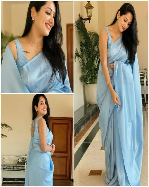 PT'Z Women's Kanjeevaram Sky Blue Silk Saree