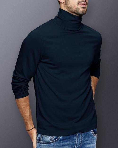 Noble Monk Men's High Neck Regular Fit Full Sleeves Solid Navy Blue T-Shirt