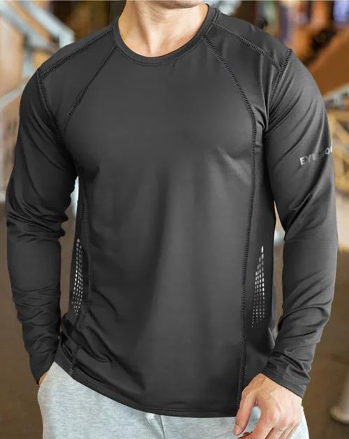 EYEBOGLER Men Solid Round Neck Polyester Full Sleeves Grey T-Shirt
