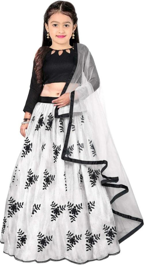 NIVUDI Baby Girls White Printed Satin, Net Lehenga Choli and Dupatta Set (8 to 9 Years)