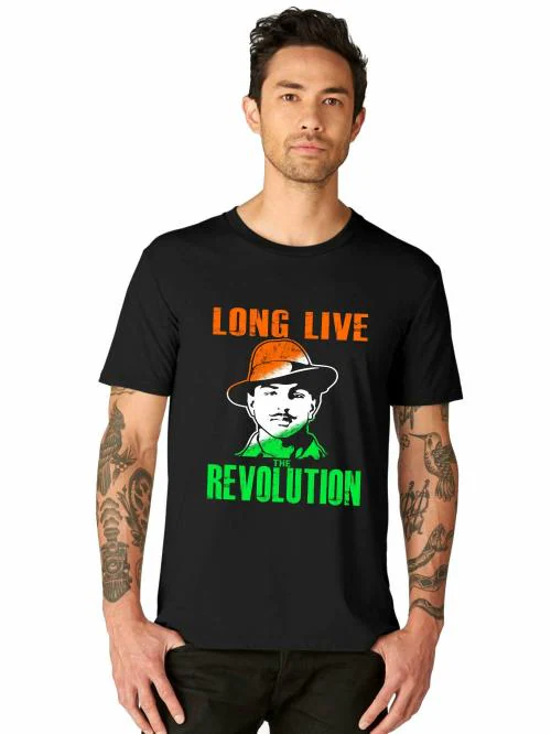 Dwadash Men's Bhagat Singh Graphics Printed Cotton Half Sleeve Slim Fit T-shirt(Black , Small)