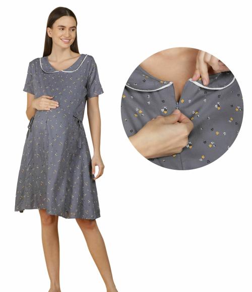 Morph Maternity | Maternity Dress For Women | With Hidden Vertical Zip For Easy Breastfeeding | Fits During Pregnancy & Post Pregnancy | Soft Cotton | One Side Pocket | Grey | XXXL