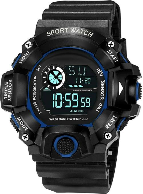 Trex Trend Durable Sports Digital Watch Black and Blue Dial Black Strap for Men