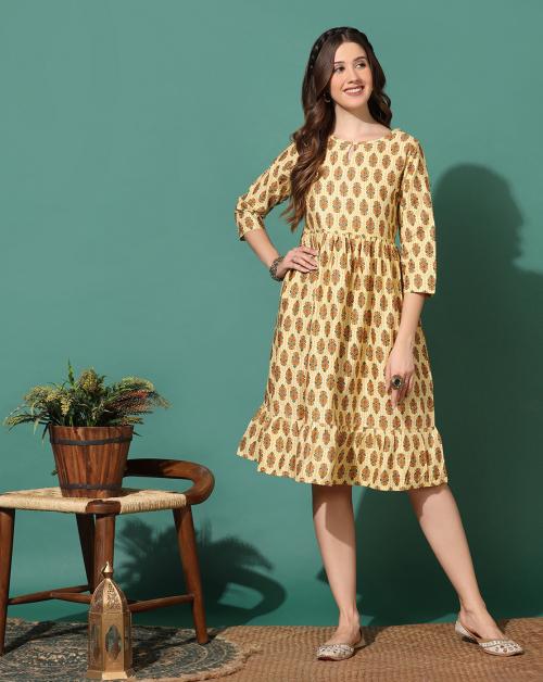 Fashion Dream Women Yellow Motif Printed Cotton Dress | Dresses| Women Dress| Knee Length Dresses| Dress for Women| Women Casual Dress | Ruffle Hem Dress| Women Cotton Dress |Printed Dress