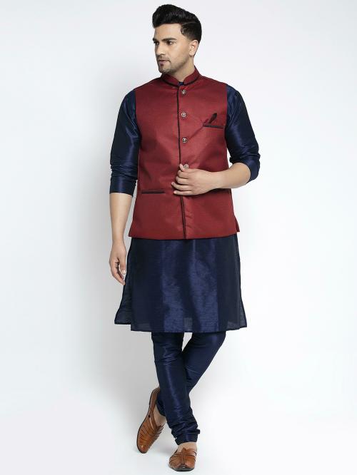Benstoke Men's Silk Blend Navy Blue Kurta With Pyjama & Maroon Nehru Jacket