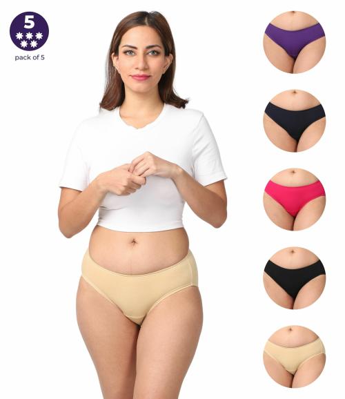 Adira | Leak Proof Panties In India | Made Hi-Tech Soft Cotton Crotch | Dry & Hygienic Everyday | Leakproof & Breathable | Full Coverage | Pack Of 5 | Magenta, Navy, Dark Pink, Black & Skin | S