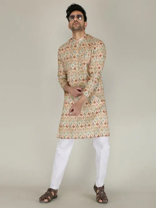 FUBAR Men Multicolor Printed Cotton Blend Kurta and Pyjama Set (Large)