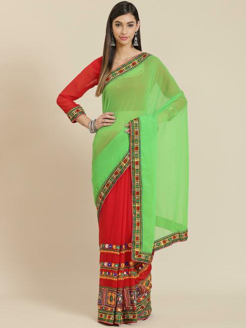 Divastri Women Red,Green Self Design Georgette Half-And-Half Saree
