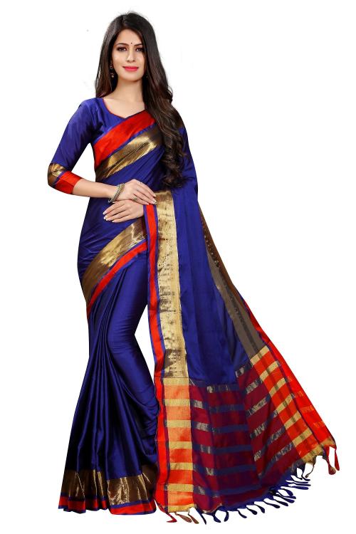 PERFECTBLUE Women's Cotton Silk Saree With Blouse Piece(Hanshika_Blue)