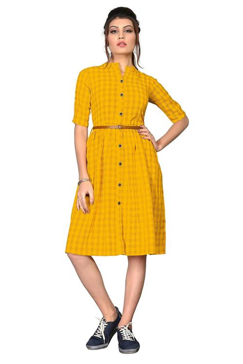 Turritopsis Women Mustard Yellow Cotton Skater Dress (Xl)