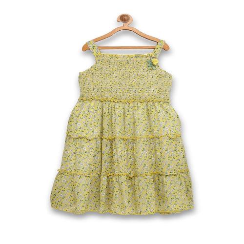 GOLDEN BOW Georgette Printed Gathered Dress with Brooch & Smoking on Upper Body for Girls (Yellow)