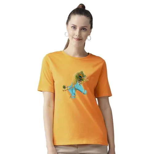 BRATMA Women Mustard Flute Printed Cotton T-Shirt (L)