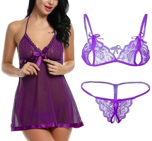 Iyaracollection Women Purple Self Design Net, Lace Bra And Panty Set (30)