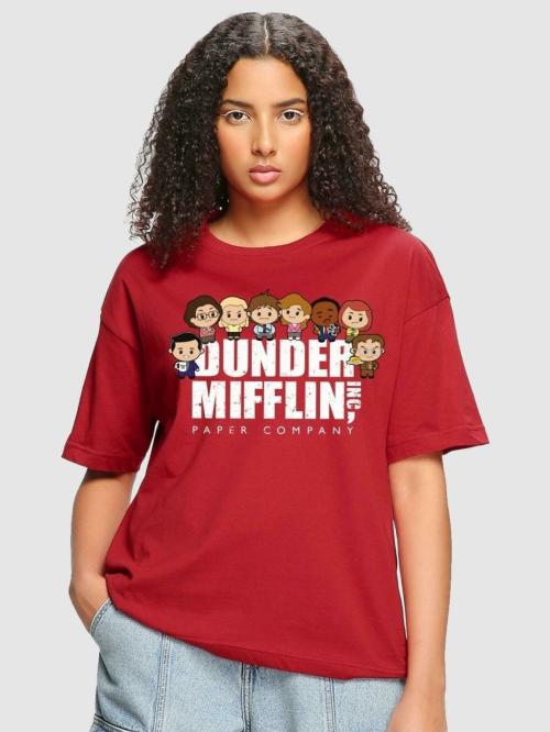 Bewakoof X The Office Women's Dunder Mifflin Chibi Red Graphic Printed Round Neck Half Sleeve Oversized T-shirt