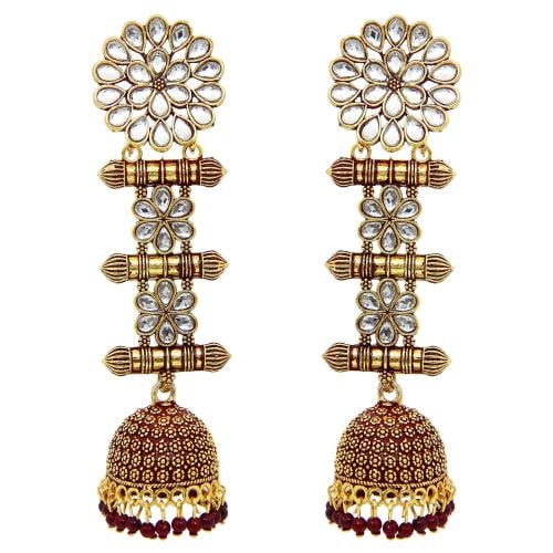 Fresh Vibes Gold-Plated Maroon Colour Traditional Long Jhumka Earrings for Women - Fancy & Stylish Three Storey Wedding Party Use Dark Wine Golden Jhumka Earings for Girls