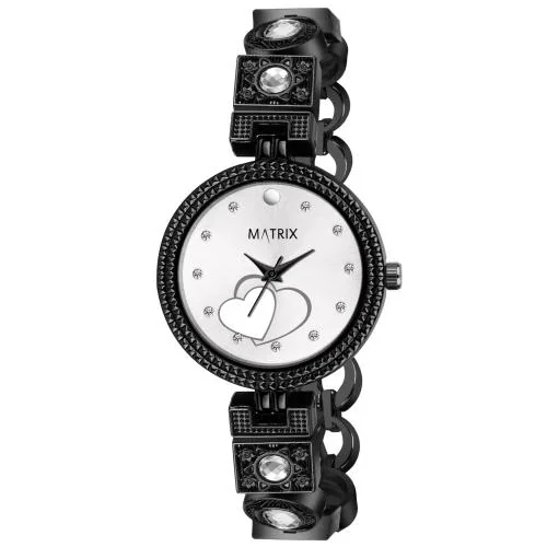 Matrix Timepiece Nebula Collection | Stone Studded Heart Dial With Bracelet Style Chain Analog Watch For Women & Girls