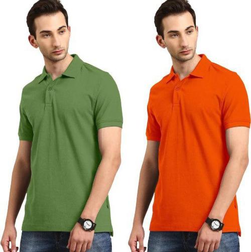 Meghli Fashion Men Orange, Light Green Solid Cotton Blend Pack Of 2 T-Shirt (Xl)