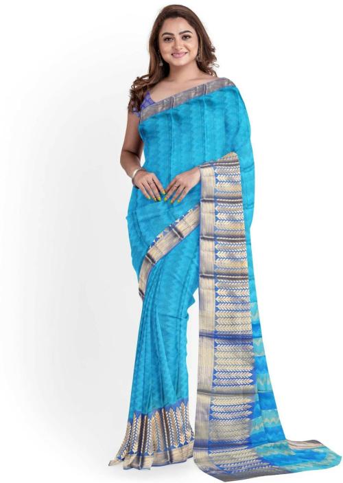 lyunica Light Blue Self Design Pure Silk Saree With Blouse Piece