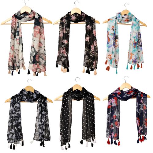 RIDDLE NEEEDLE Women's Printed Chiffon Multicolored Scarf and Stoles with Tassels - Set of 6